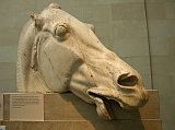 British Museum Top 20 04-2 Head of a horse of Selene from the east pediment of the Parthenon 4. Head of the horse of Selene � Athens Parthenon, 447-432BC, 83cm. The horse�s head captures the stress felt by a beast that has spent the night drawing Selene�s chariot of the Moon across the sky. The horse pins back its ears, the jaw gapes, the nostrils flare, the eyes bulge, veins stand out, and the flesh seems spare and taut over the flat plate of the cheek bone.